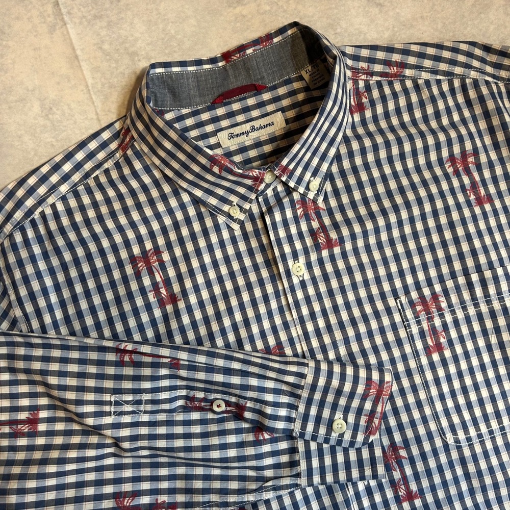 Tommy Bahama Mens XL Gingham Palm Tree Embroidered Long Sleeve Button Down Shirt